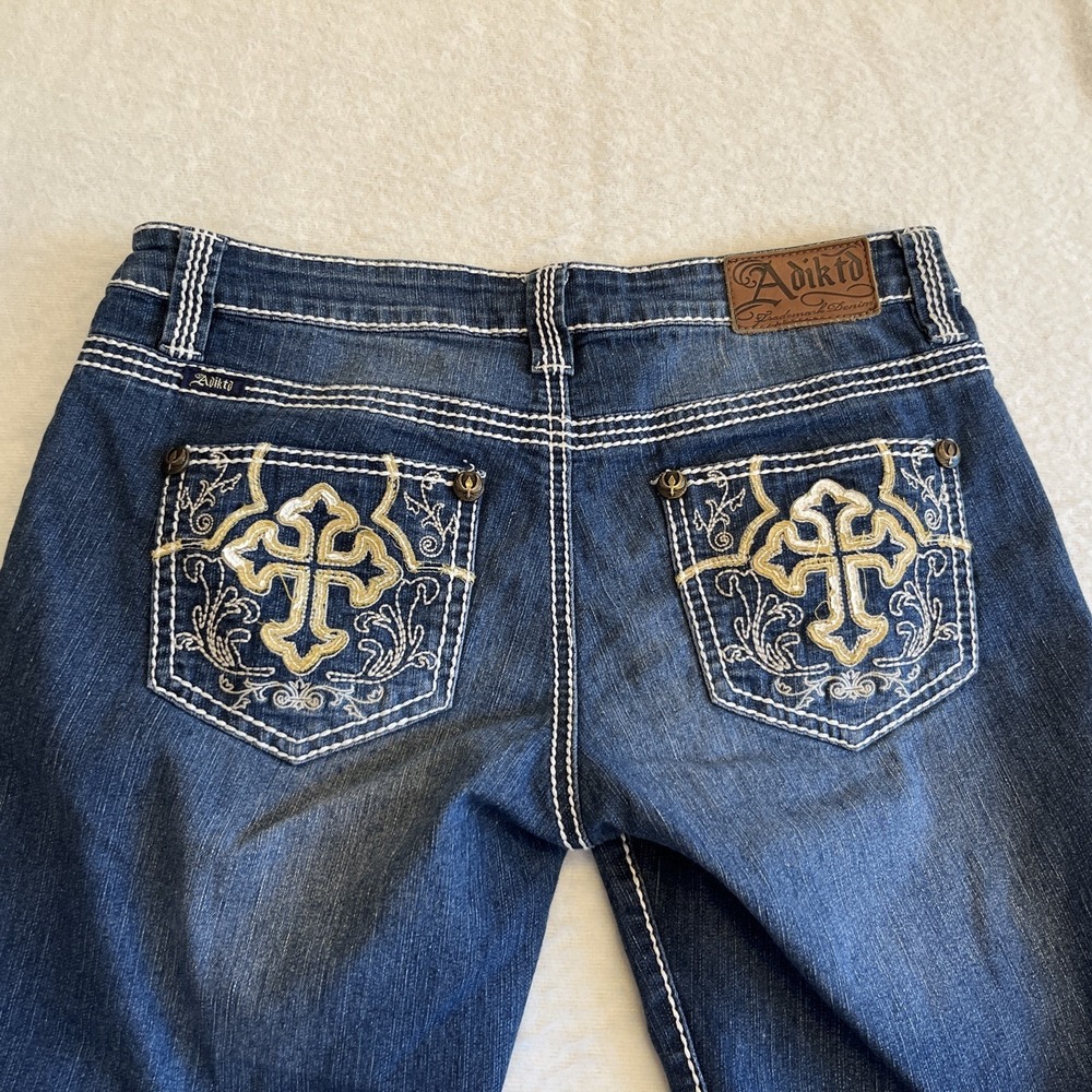 Adiktd Jeans Women's Size 6 Blue Stretch Low Rise Bootcut Embroidered Pockets